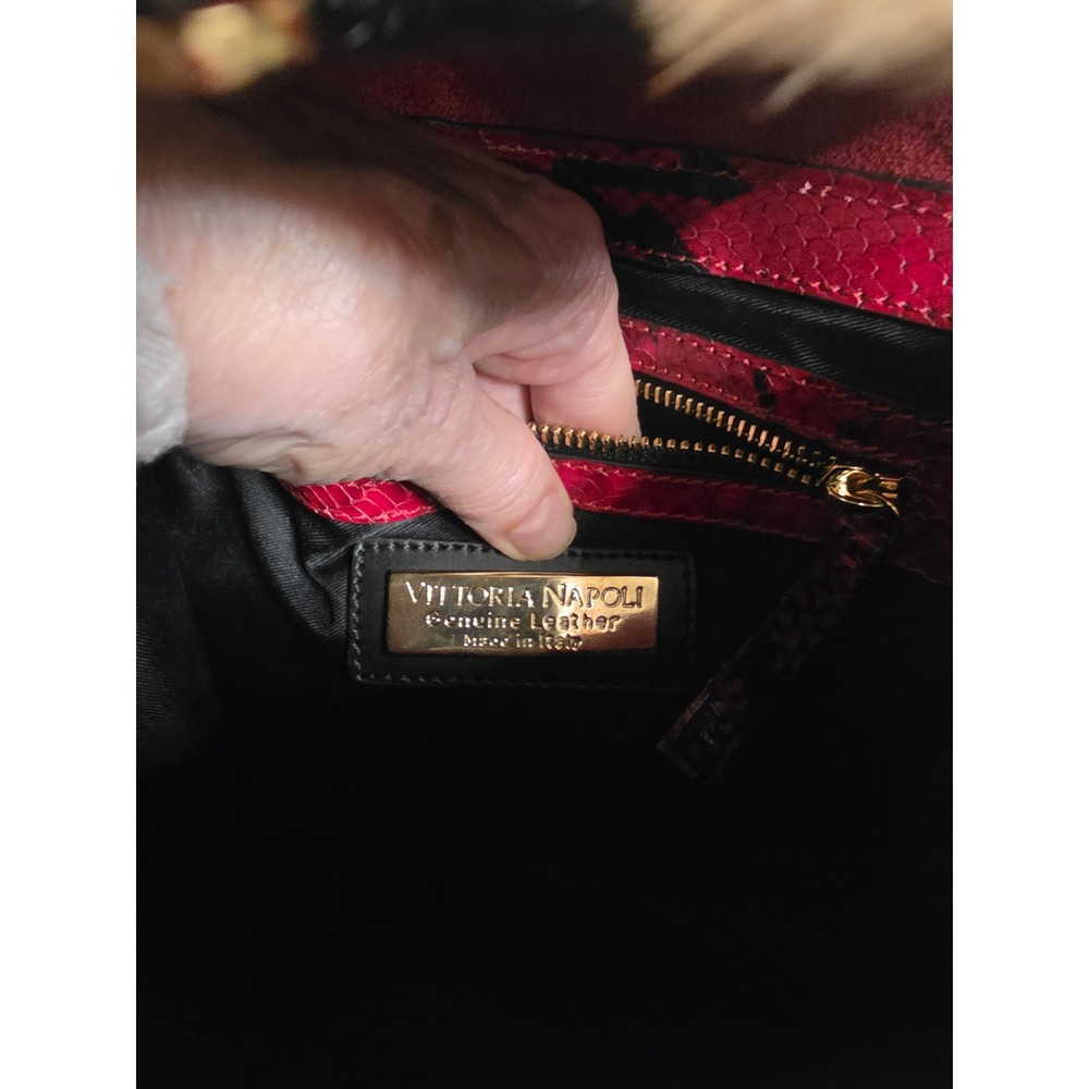 Red Snakeskin and Leopard Calf Hair Crossbody Satchel Bag with Gold Hardware - Picture 10 of 12